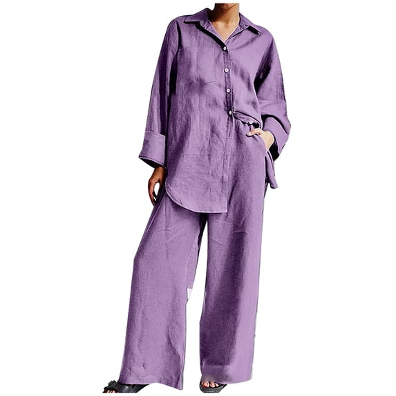 2 Piece Cotton Linen Outfits Womens Lapel Collar Button Down Shirt Baggy Wide Leg Pants Sets with Pockets Loungewear (XL, Purple-new)