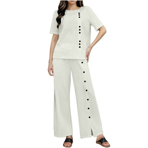 2 Piece Cotton Linen Outfits, Womens Solid Color Loose Loungewear Sets Summer Casual Suit Short Sleeve Top Wide Leg Pants with Pockets Travel Outfit White XXL