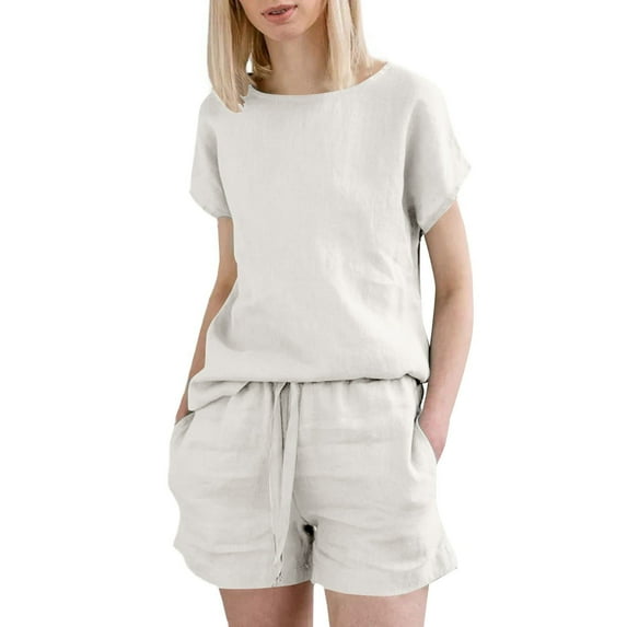 2 Piece Cotton Linen Set For Women Crew Neck Short Sleeve Tees Drawstring Elastic Waist Shorts Causal Comfy Outfits (3XL, Beige)