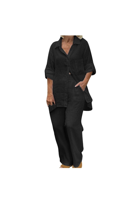 2 Piece Cotton Linen Set for Women Roll Up Long Sleeve Outfits Oversized Button Down Pocket T Shirts Straight Leg Pants Plus Size Loose Boyfriend Tracksuit Plain Lounge Wear