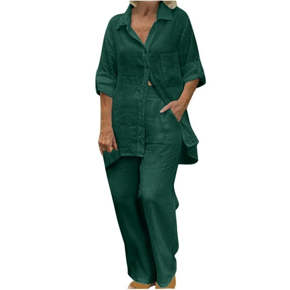 2 Piece Cotton Linen Set for Women Sale Clearance Roll Up Long Sleeve Outfits Oversized Button Down Pocket T Shirts Straight Leg Pants Plus Size Loose Boyfriend Tracksuit Plain Lounge Wear