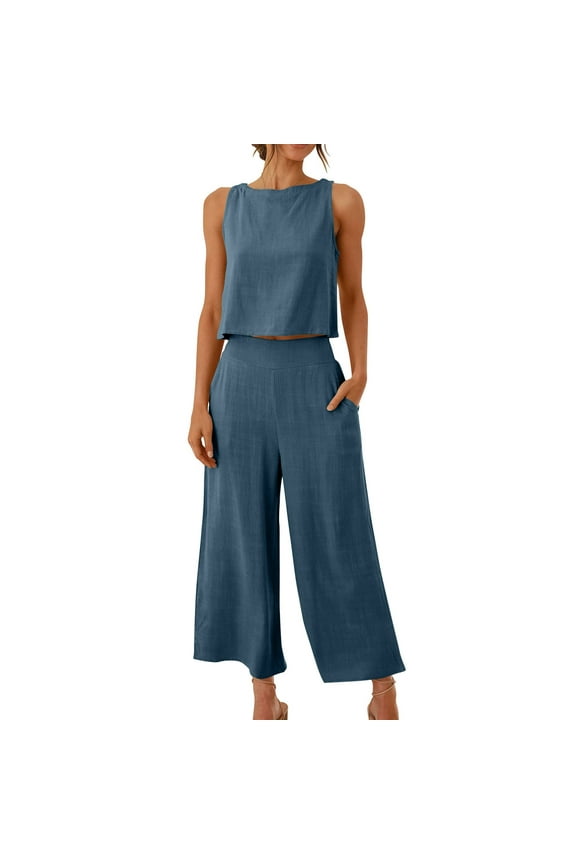 2 Piece Cotton Linen Sets for Women Crop Tank Top Summer Casual Outfits Wide Leg Pants Matching Set Beach Vacation Clothes 2025