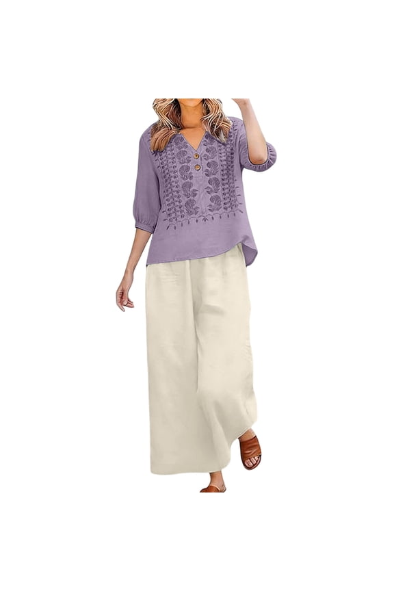 2 Piece Cotton Linen Sets for Women Summer Embroidered V Neck Shirts Wide Leg Capri Pants Trendy Relaxed Fit Daily Vacation Outfits Purple 3XL