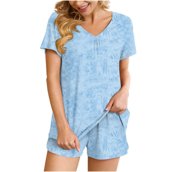 2 Piece Cotton Shorts Sets for Women Summer Loungewear Pleated V Neck Short Sleeve Top with Pants Home Pajamas Suits (L, Light Blue)