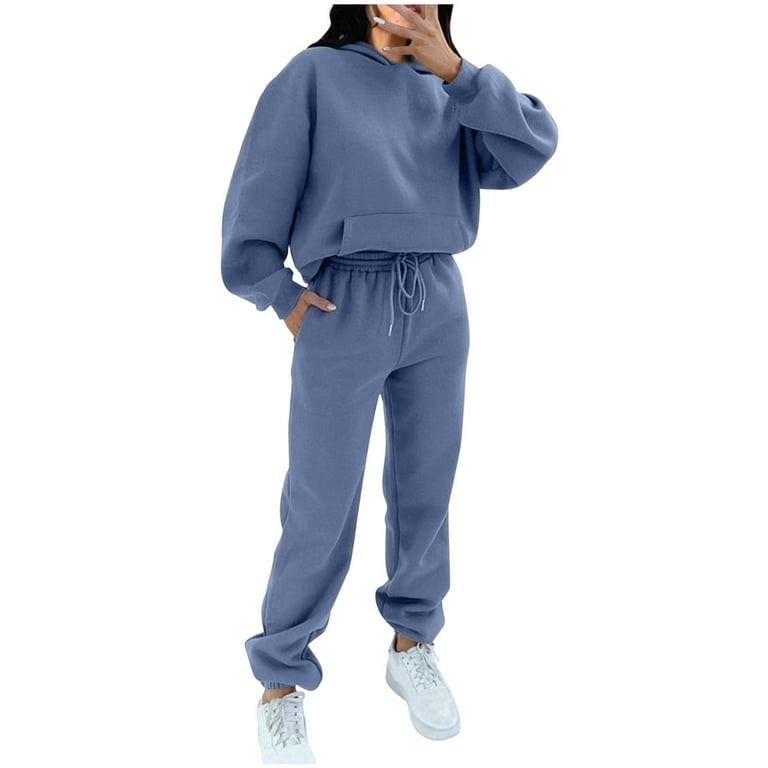 2 Piece Cotton Sweatsuits for Women with Hood Pocket Workout Sports Outfits Fleece Hoodie and Jogger Pant Sets Large Light Blue Walmart