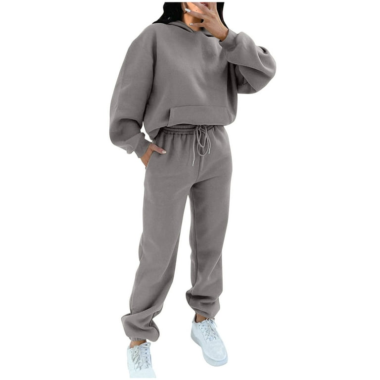 2 Piece Cotton Sweatsuits for Women with Hood Pocket Workout Sports Outfits  Fleece Hoodie and Jogger Pant Sets (Medium, Gray)