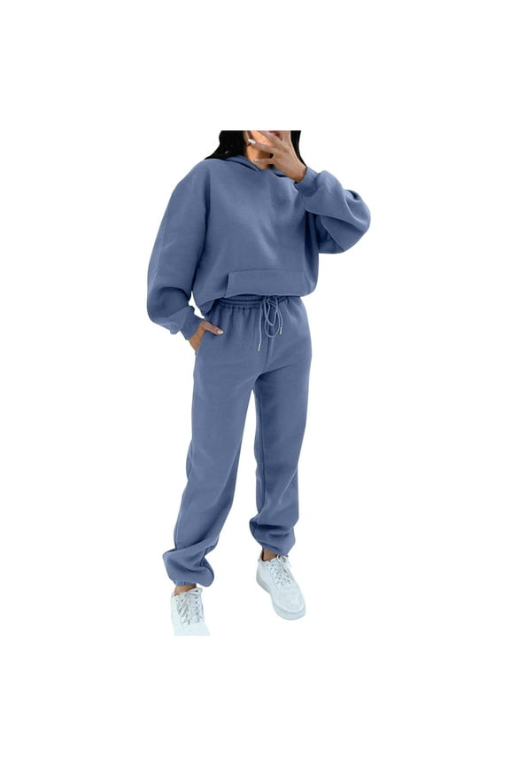 2 Piece Cotton Sweatsuits for Women with Hood Pocket Workout Sports Outfits Fleece Hoodie and Jogger Pant Sets (X-Large, Light Blue)