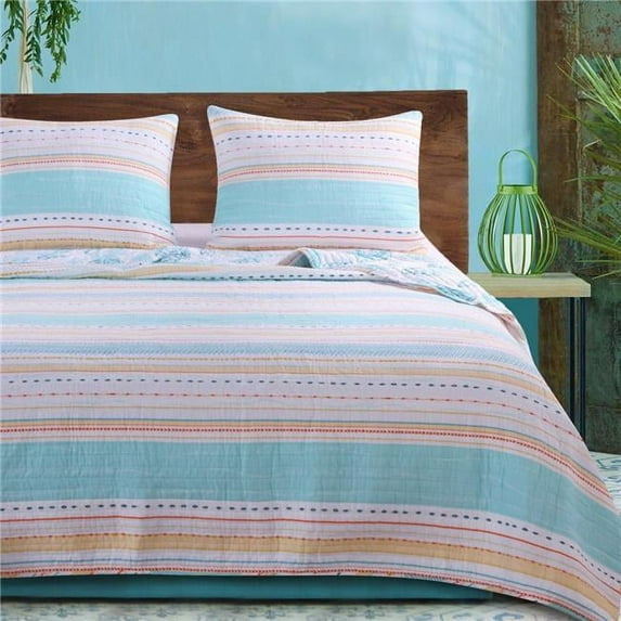 Benjara BM218822 Cotton Twin Size Quilt Set with Stripe Print, Aqua Blue - 5 x 14 x 18 in. - 2 Piece
