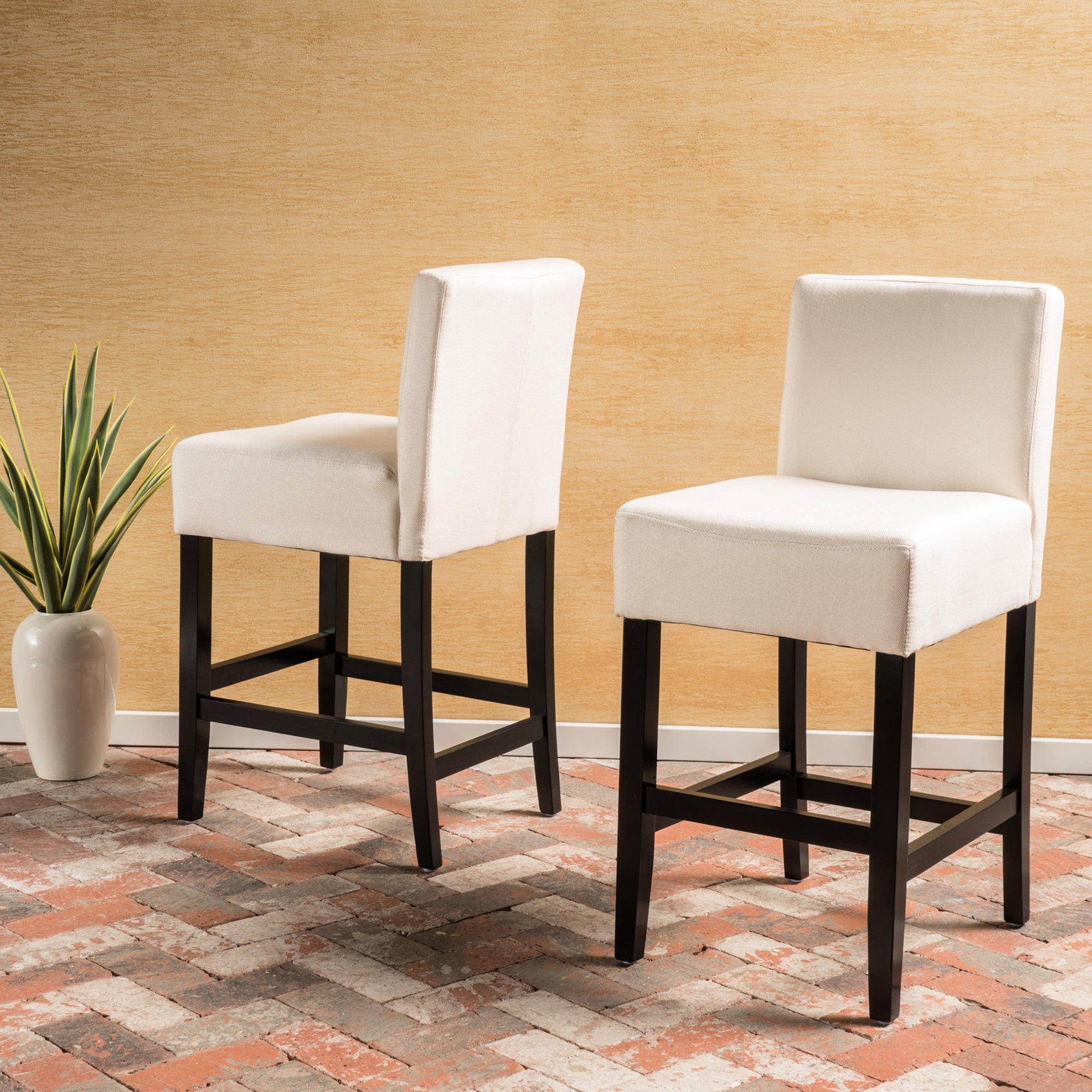 2-Piece Counter Stools in Beige Fabric | Sturdy Rubber-Wood Legs ...