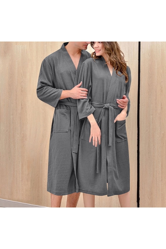 2 Piece Couple Waffles Robes Mens Womens Soft Knit Nightgown Couples Shower Bathrobe Long Spa Homewear Gray XL