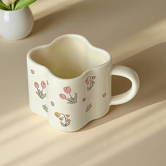 2-Piece Creamy Ceramic Tulip Mug Set with Clover Rim for Coffee Tea Hot Cocoa & Cold Drinks Elegant Drinkware for Home Office or Gift