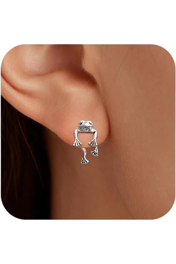 2 Piece Cute Frog Eaarings for Women 925 Sterling Silver Post Funny Stuff Frog Stud Earring Vintage Cool 3D Animal Ear Jacket Earring Easter Birthday Jewelry for Mom Wife Daughter