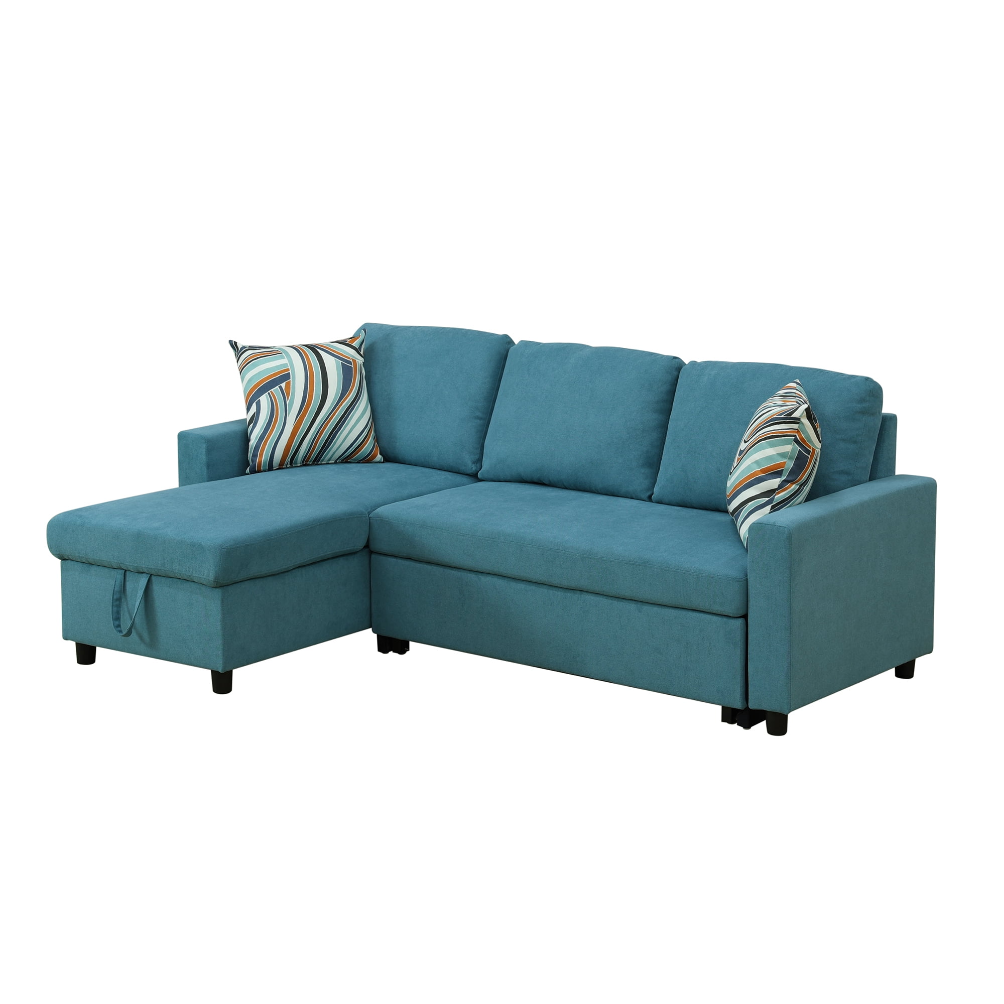 2 - Piece Cyan Blue Fluffy Fabric Living Room Sofabed with Storage - Multifunctional and Comfortable Furniture