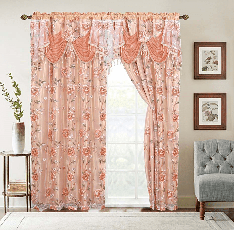 2 Piece Daniela Printed Flowers Luxury Jacquard Attached Valance with ...