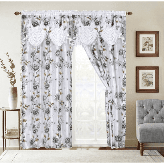 2 Piece Daniela Printed Flowers Luxury Jacquard Attached Valance with Long Crystals Beads and Tassels Window Curtain (54 inches wide x 84 inches long)