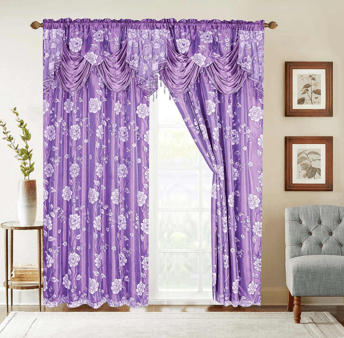 2 Piece Daniela Printed Flowers Luxury Jacquard Attached Valance with Long Crystals Beads and Tassels Window Curtain (54 inches wide x 84 inches long)