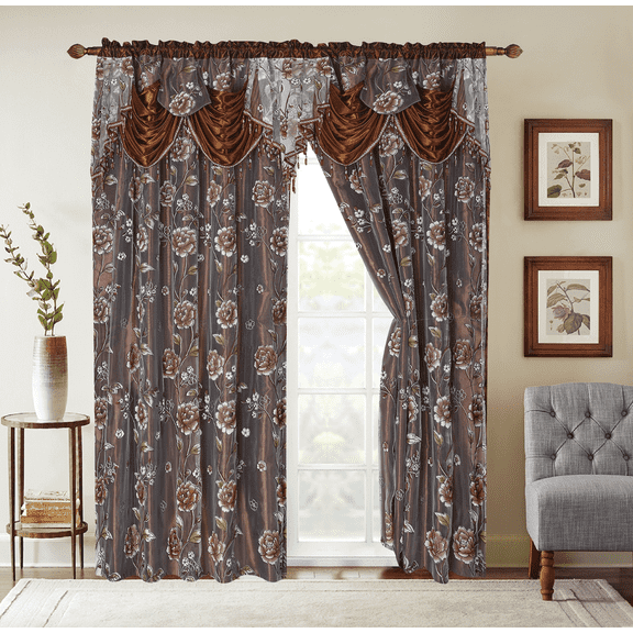 2 Piece Daniela Printed Flowers Luxury Jacquard Attached Valance with Long Crystals Beads and Tassels Window Curtain (54 inches wide x 84 inches long)