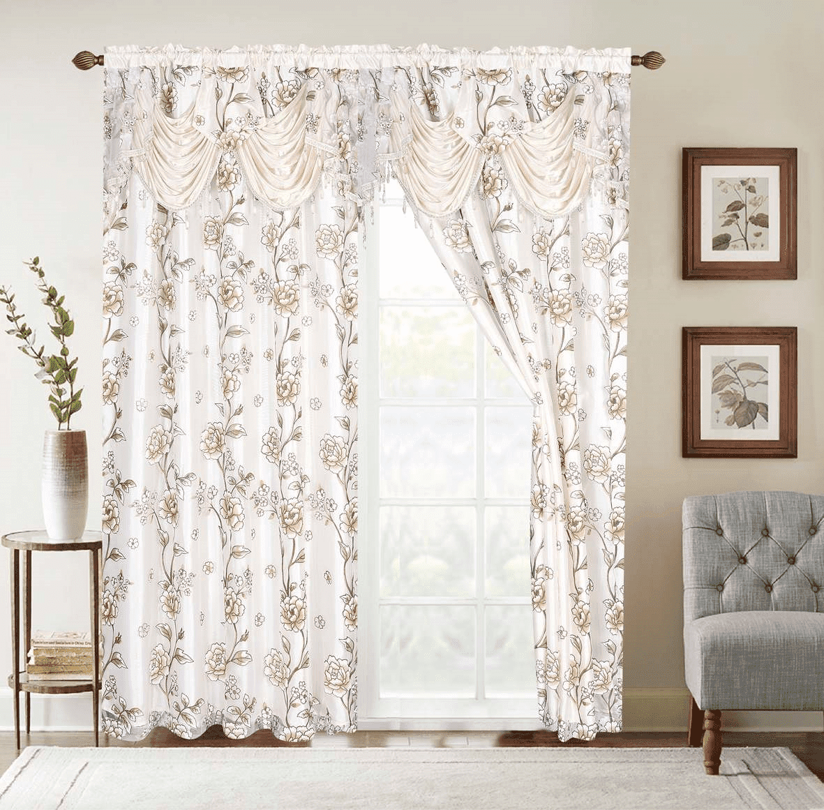 2 Piece Daniela Printed Flowers Luxury Jacquard Attached Valance with Long Crystals Beads and Tassels Window Curtain (54 inches wide x 84 inches long)