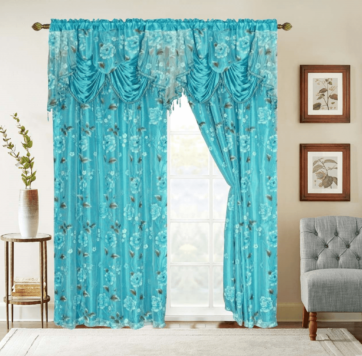 2 Piece Daniela Printed Flowers Luxury Jacquard Attached Valance with ...