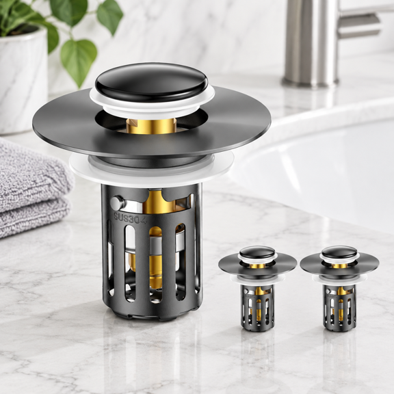 2 Piece Dark Black Bathroom Sink Drain Stopper with Stainless Steel Hair Catcher, Universal Fit for 1.1" to 2.36" Drains