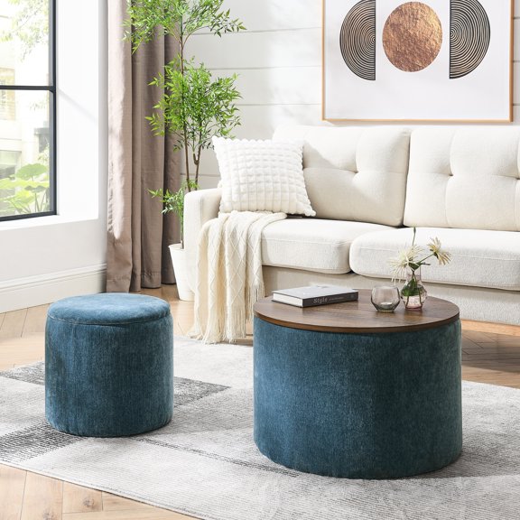 2 - Piece Dark Blue Round Chenille Footstool - Covert Storage and Simple Style - Home Office and Apartment - Ideal for Spare Items