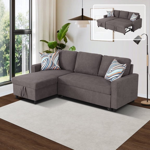 2-Piece Dark Brown Fluffy Fabric Sofabed - Multi-Functional Couch for Living Room