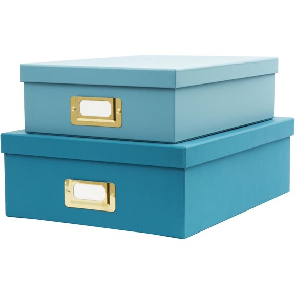 2-Piece Decorative Storage Boxes with Lids, Ocean Blue and Sky Blue combination Document Organizers with Gold Label Holders, Home Decor, Photo Storage, Files Organizer and Keepsake Box