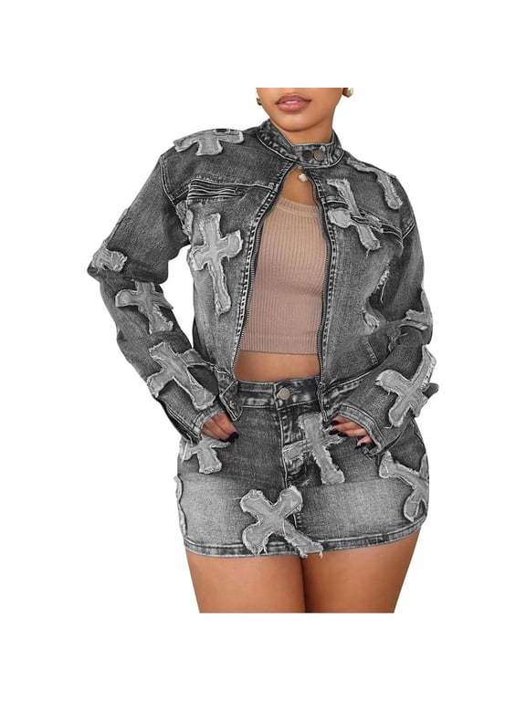 2 Piece Denim Skirt Set for Women Y2K Long Sleeve Zipper Jean Jacket Top Mini Skirt Bodycon Set Two Piece Outfits