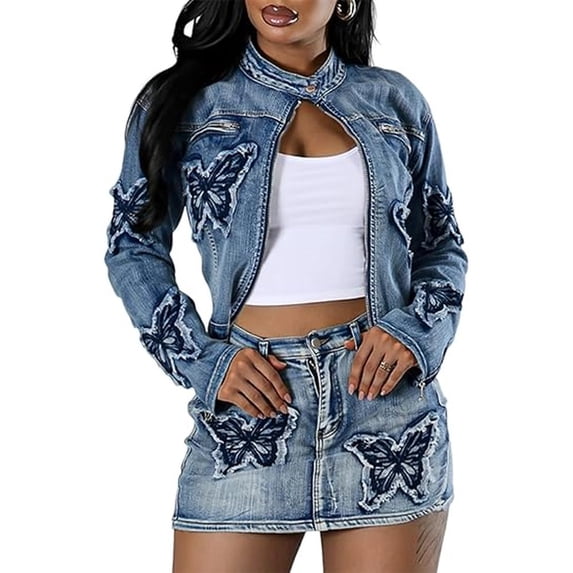 2 Piece Denim Skirt Set for Women Y2K Long Sleeve Zipper Jean Jacket Top Mini Skirt Bodycon Set Two Piece Outfits