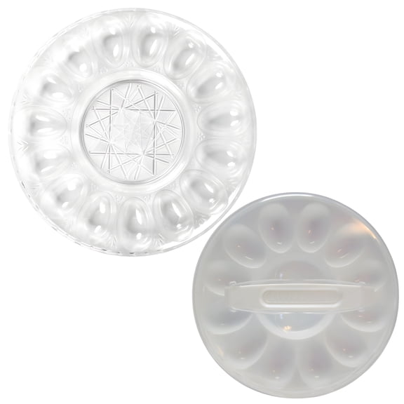 2-Piece Deviled Egg Tray Set, 11.9 in Clear Egg Platter Holds 15 Eggs & 10.37 in Deviled Egg Carrier with Lid Holds 12 Eggs, BPA-Free Plastic Party Serving Picnic Transport Food Trays