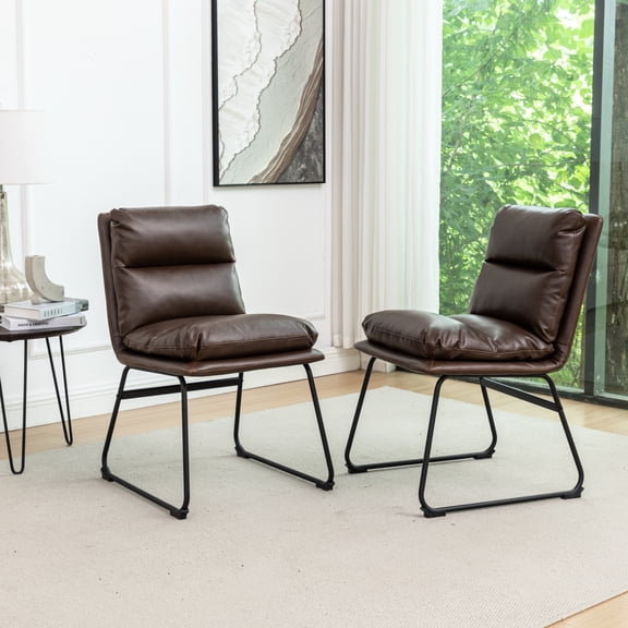 2 Piece Dining Chairs, Antique Brown. Sled Base For Steadiness. Comfy Overfilled Seat Back. Faux Leather Upholstery. Metal Structure. Wipe Clean Chair. Square Shape. Casual Chair Room Brown 2 .