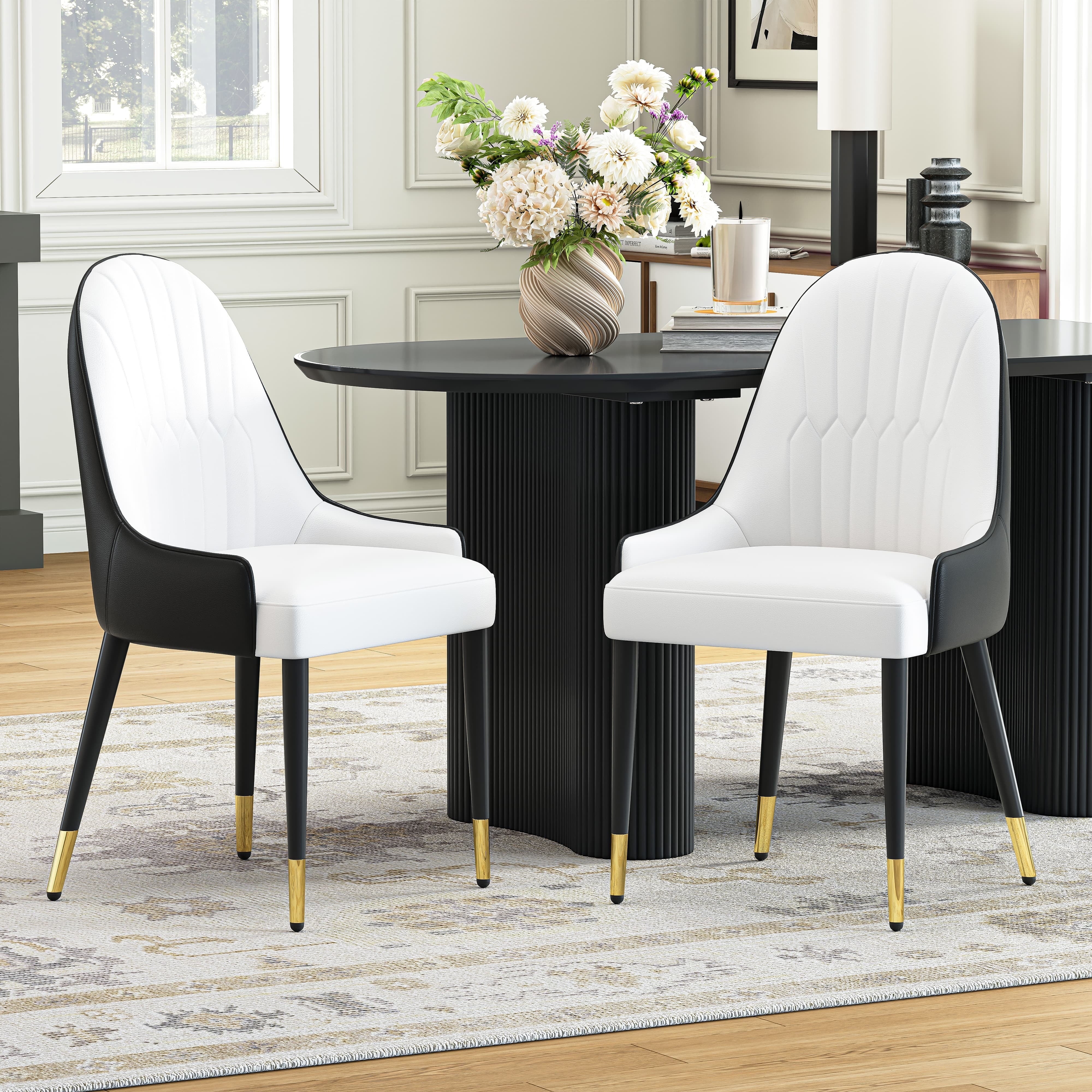 2-Piece Dining Chairs Set, Black-White PU Faux Leather Upholstery with Metal Frame, Modern Design for Kitchen, Living Room, Office