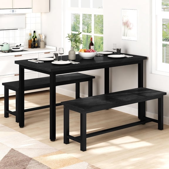 MIERES 2-Piece Dining Table Chair Bench Set, Thickened Steel Frame, Wood Bench, Industrial Style, for Kitchen and Dining Room-Black