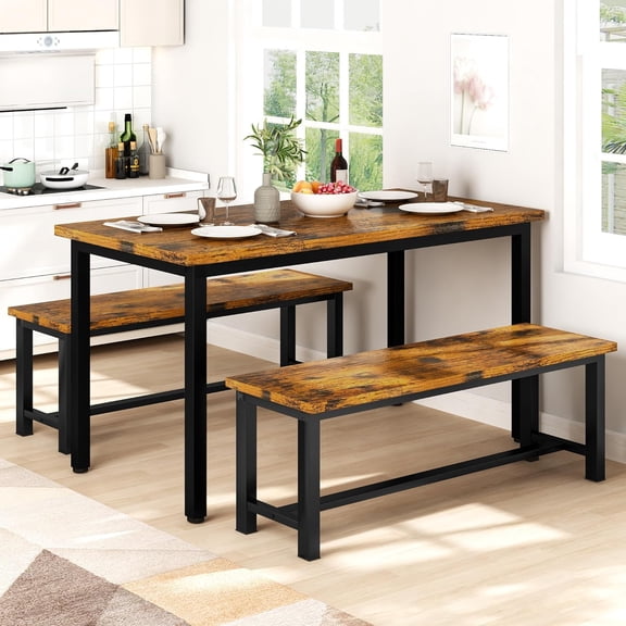 MIERES 2-Piece Dining Table Chair Bench Set, Thickened Steel Frame, Wood Bench, Industrial Style, for Kitchen and Dining Room-Brown