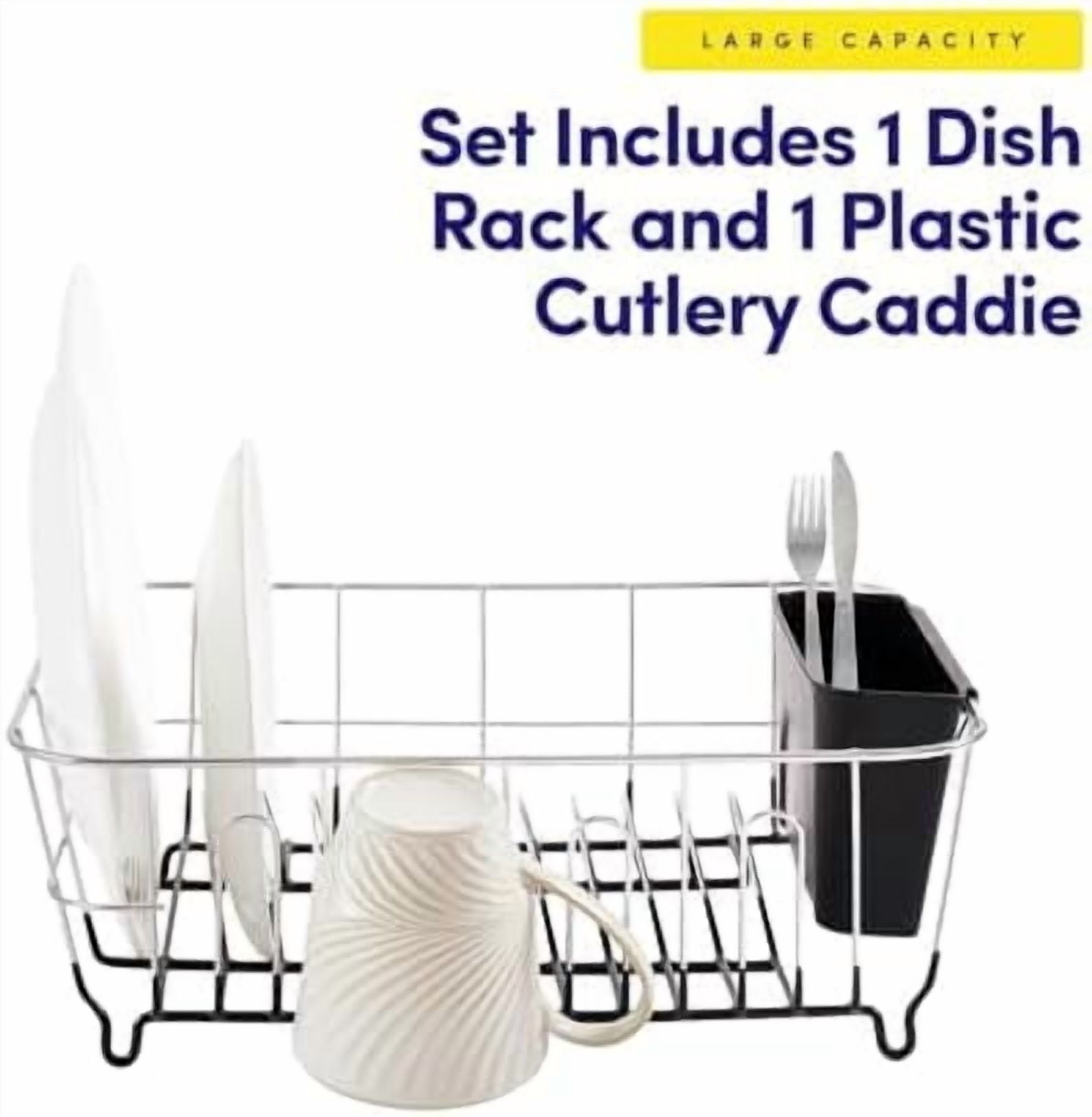 2 Piece Dish Drying Rack Set Drainer with Utensil Holder Simple Easy to Use Fits in Most Sinks, 14.5" x 13" x 5.25", Black