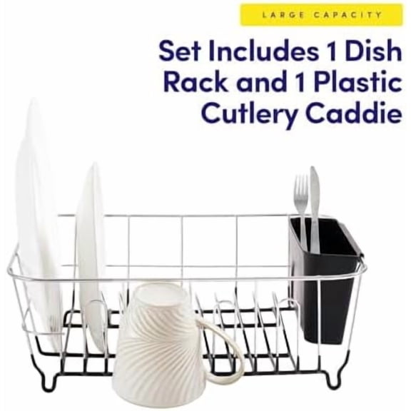 2 Piece Dish Drying Rack Set Drainer with Utensil Holder Simple Easy to Use Fits in Most Sinks, 14.5" x 13" x 5.25", Black