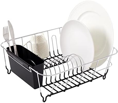 2 Piece Dish Drying Rack Set Drainer with Utensil Holder Simple Easy to Use Fits in Most Sinks, 14.5" x 13" x 5.25", Black