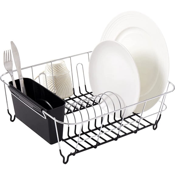 2 Piece Dish Drying Rack Set Drainer with Utensil Holder Simple Easy to Use Fits in Most Sinks, 14.5" x 13" x 5.25", Black