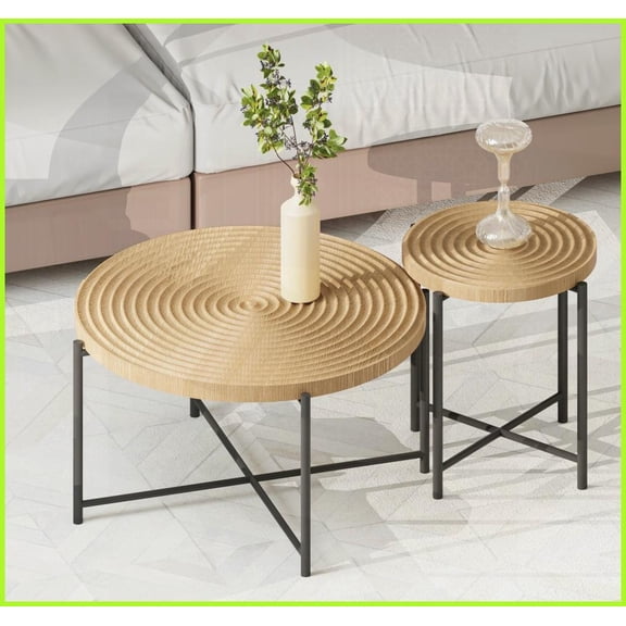 2-Piece Distressed Cylindrical Coffee & End Table Set  MDF/PVC Top, Black Metal Legs, Versatile Finish for Living Room