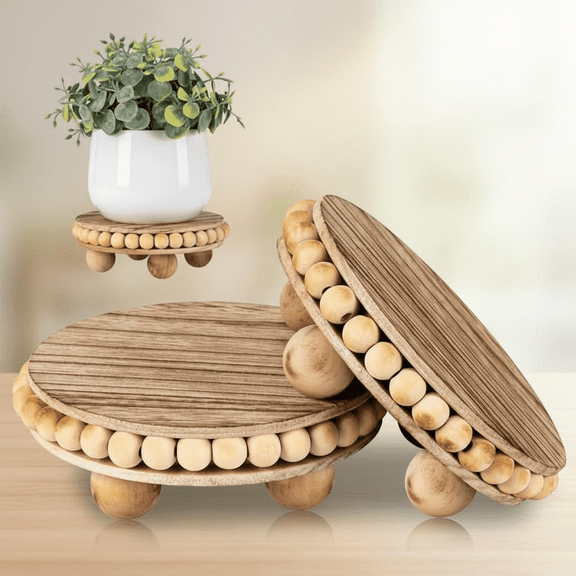 2-Piece Distressed Wooden Display Risers, Round Beaded Rustic Pedestal Stands for Tiered Decor, Farmhouse Coasters, Mini Cake Stands, and Plant Decor
