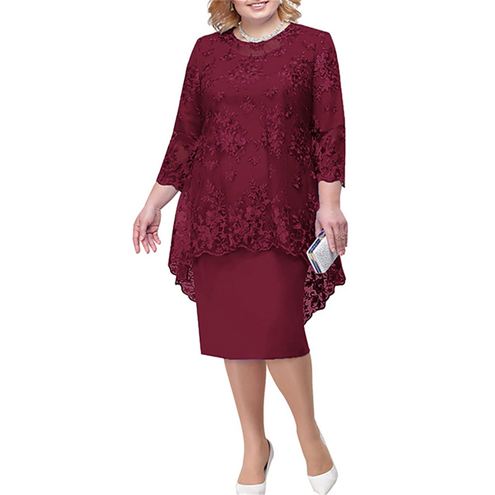 2 Piece Dress Set for Women Plus Size Party Midi Dresses & Embroidered ...