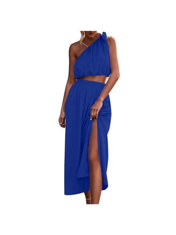 2 Piece Dress for Women, Fashion One Shoulder Sleeveless Crop Top and Maxi Skirt Summer Outfit Split Skirt Set (Medium, Dark Blue)