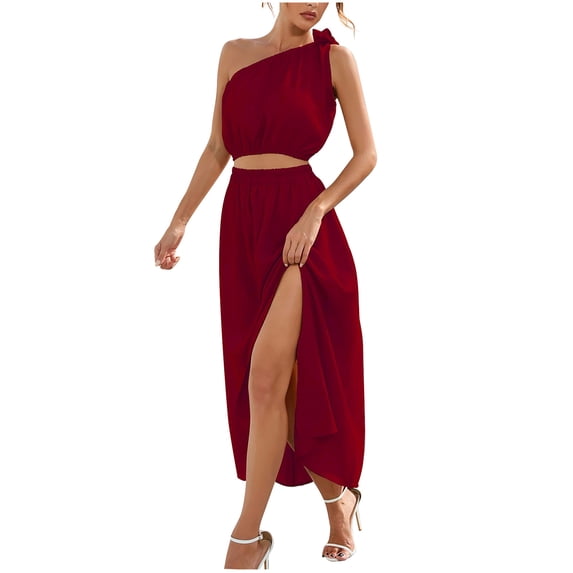 2 Piece Dress for Women, Fashion One Shoulder Sleeveless Crop Top and Maxi Skirt Summer Outfit Split Skirt Set (Small, Red)