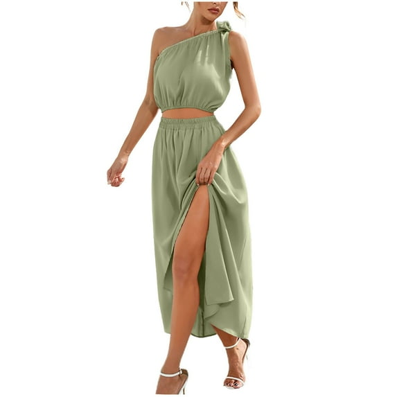 2 Piece Dress for Women, Fashion One Shoulder Sleeveless Crop Top and Maxi Skirt Summer Outfit Split Skirt Set (X-Large, Green)