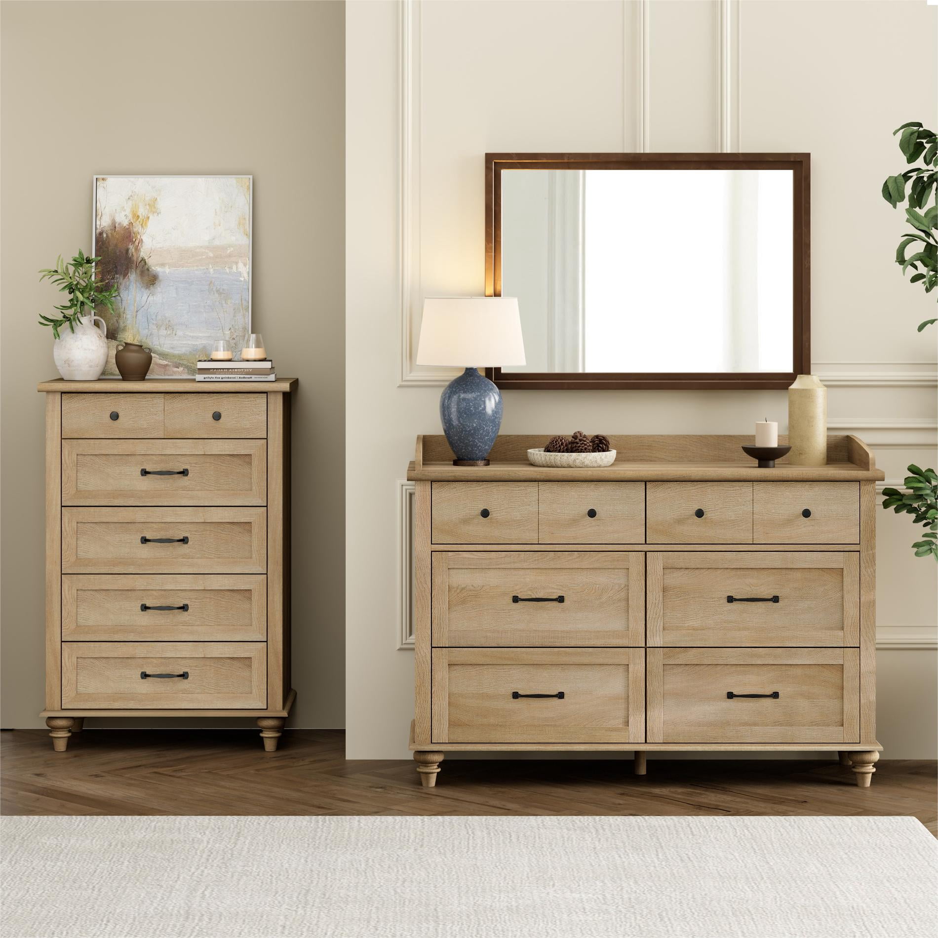 2 Piece Dresser Set, 6 Drawer Dresser & 5 Drawer Dresser, Wooden Storage Organizer for Bedroom Living Room, Oak
