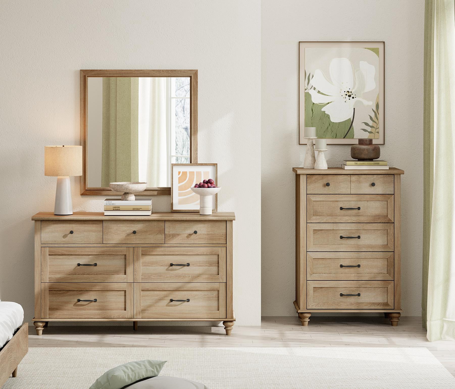 2 piece dresser set Home Square 2 Piece Truffle Bedroom Furniture Set with Tall 5 Drawer Chest and 6 Drawer Wood Double Dresser
