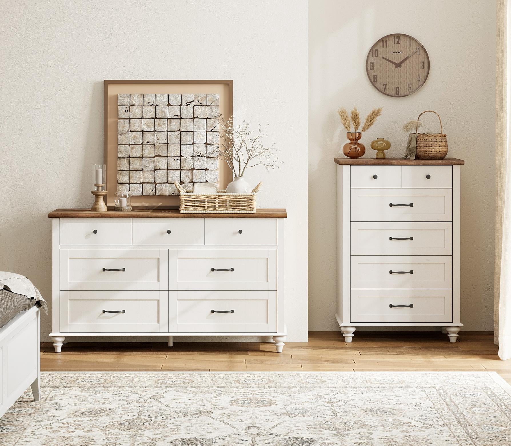 2 Piece Dresser Set, 7 Drawer Dresser & 5 Drawer Dresser, Wooden Storage Organizer for Bedroom Living Room, Off White
