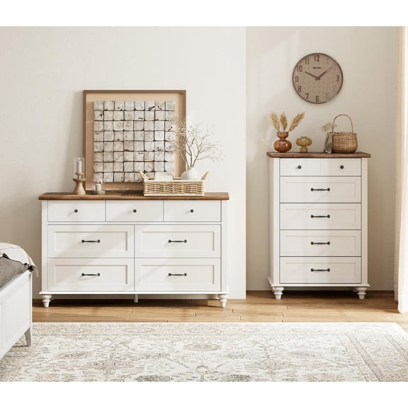 2 Piece Dresser Set, 7 Drawer Dresser & 5 Drawer Dresser, Wooden Storage Organizer for Bedroom Living Room, Off White