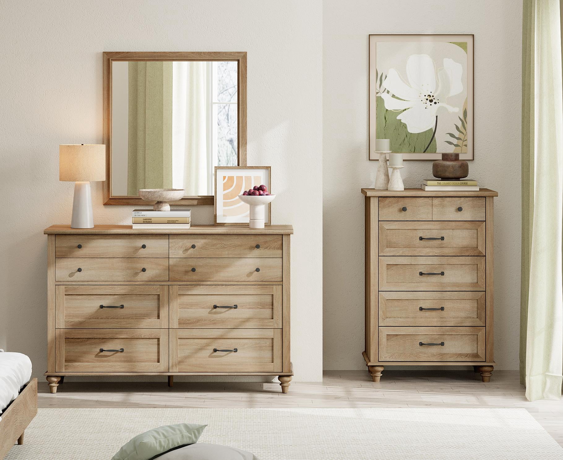 2 Piece Dresser Set, 8 Drawer Dresser & 5 Drawer Dresser, Wooden Storage Organizer for Bedroom Living Room, Oak
