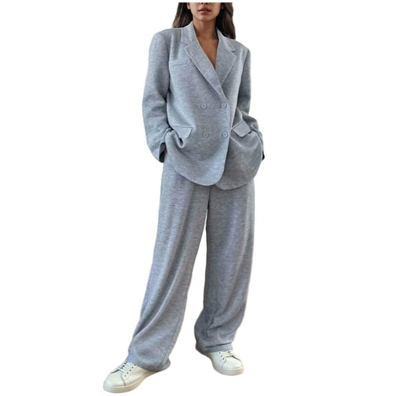 2 Piece Dressy Casual Outfits Womens Double Breasted Cotton Suit Blazer Jacket and Wide Leg Pants Sets with Pockets (L, Gray)